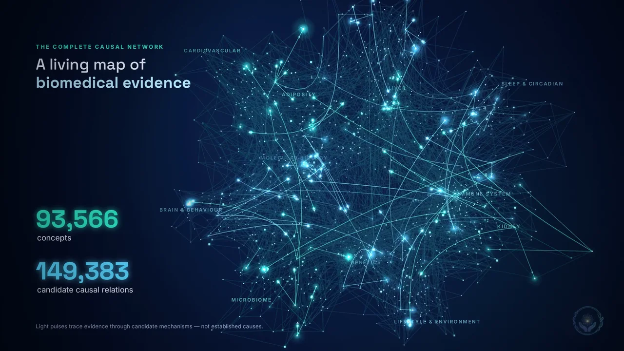 Still from the DoAtlas-2 explainer: a network map of biomedical evidence with 93,566 concepts and 149,383 candidate causal relations